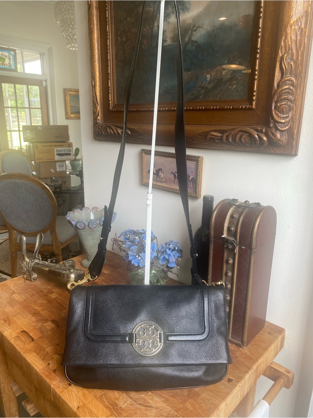 Tory Burch Black Pebbled Leather Shoulder Bag with Gold Logo EUC